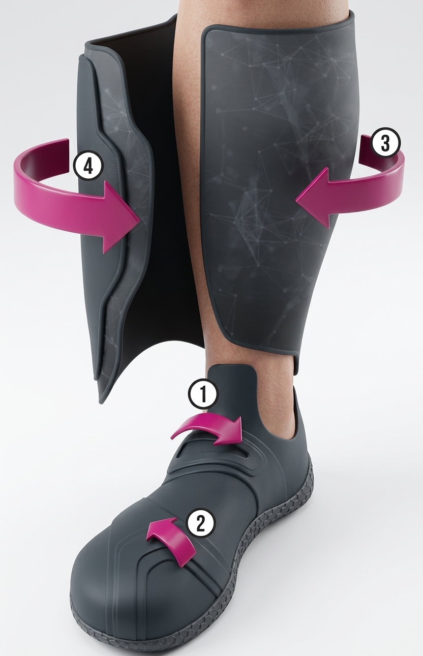 Artist rendition of numbered steps to close the SenLore boot around the foot and lower leg